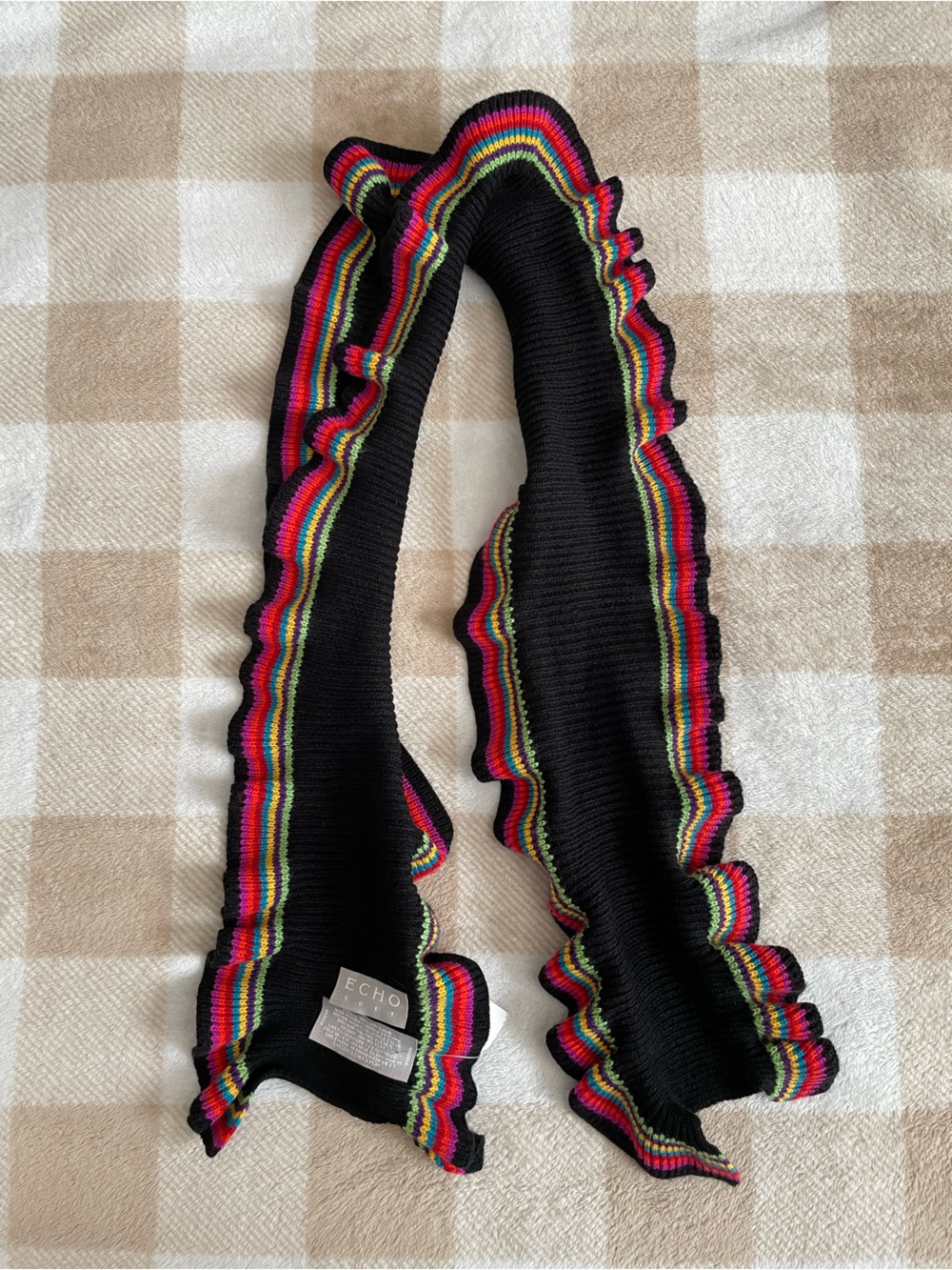 Vintage NWT Echo Black Knit Scarf with Rainbow Ruffle Trim